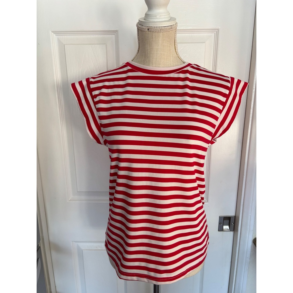 SHEIN Top Size L Red White Striped Cap Sleeve Stretch Crew Neck Tee